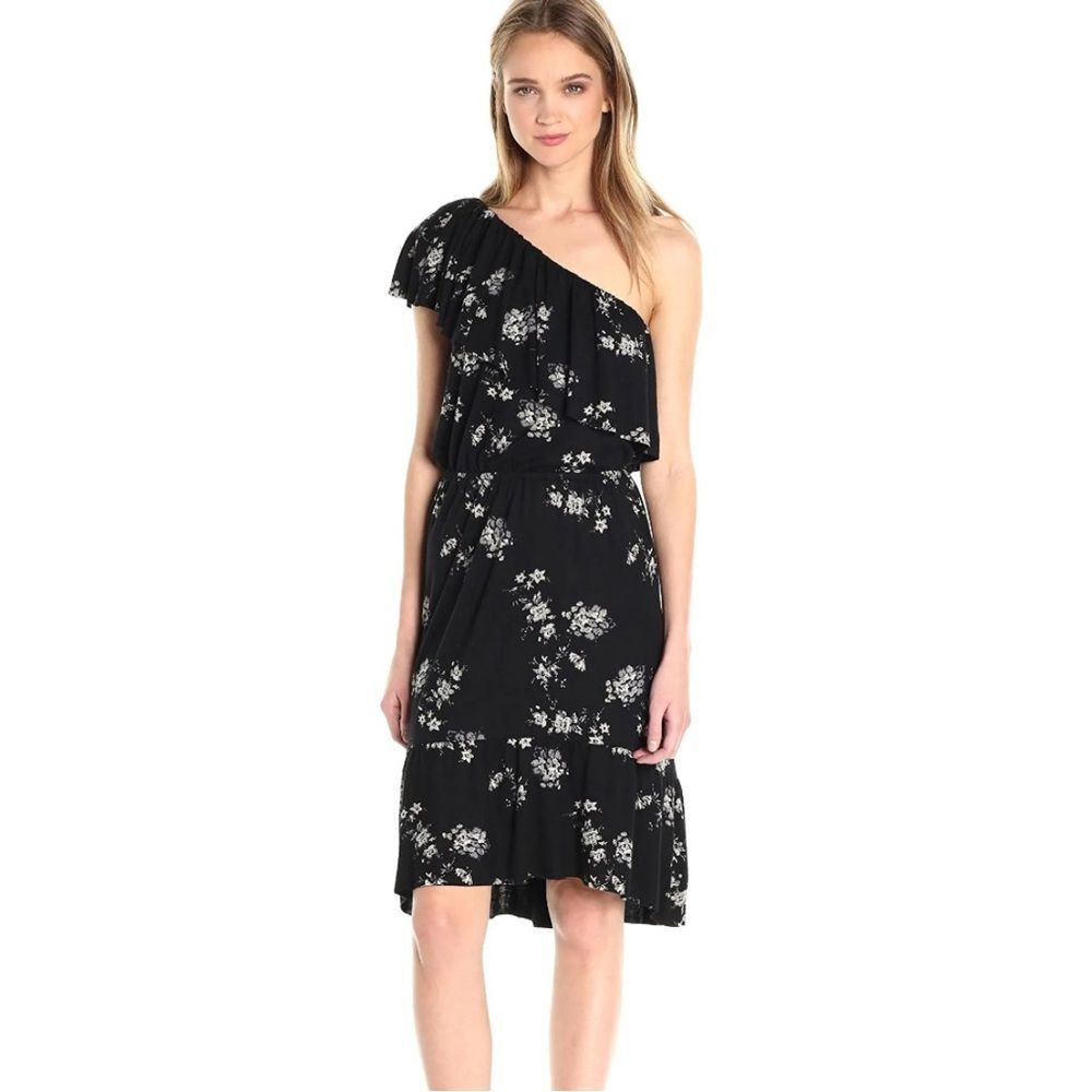 Lucky Brand Women's Botanical One-Shoulder Ruffle Knit Dress Black Floral XS